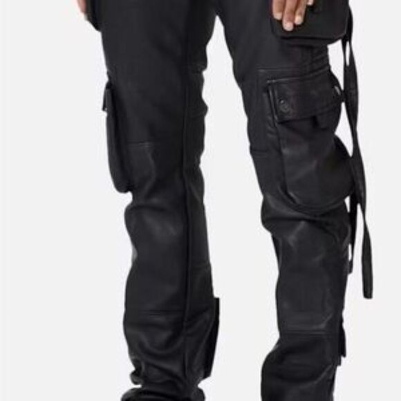 New, unworn men's black vegan leather tactical cargo pants in Amiri style, size - Picture 6 of 13